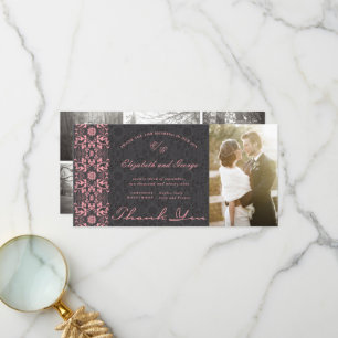  Damask Lace Pink & Black Photo Wedding Bedankkaart