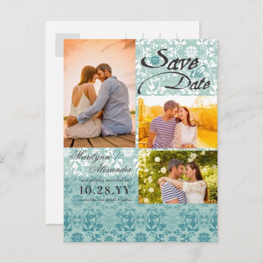 Damask Lace Turquoise Blauwe Foto de datum opslaan Aankondigingskaart (Voorkant / Achterkant)