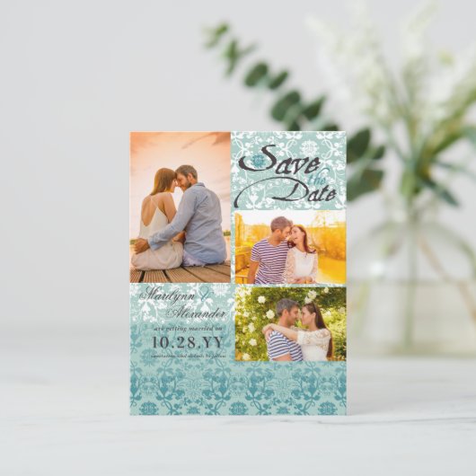 Damask Lace Turquoise Blauwe Foto de datum opslaan Aankondigingskaart (Staand voorkant)