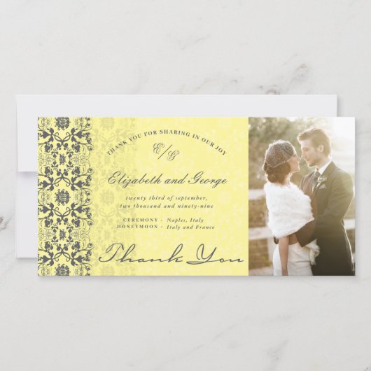  Damask Lace Yellow & Grey Photo Wedding Bedankkaart (Voorkant)