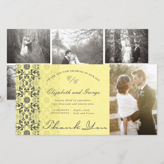  Damask Lace Yellow & Grey Photo Wedding Bedankkaart (Voorkant / Achterkant)