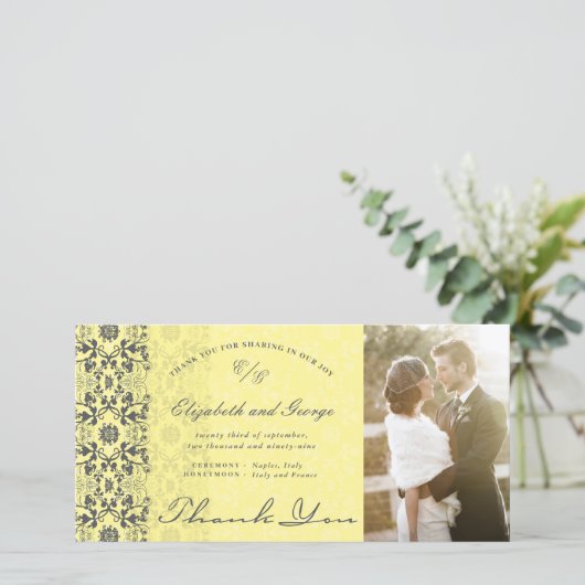  Damask Lace Yellow & Grey Photo Wedding Bedankkaart (Staand voorkant)
