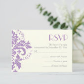 Damask lavendel grijs ivoor bruiloft RSVP antwoord (Staand voorkant)