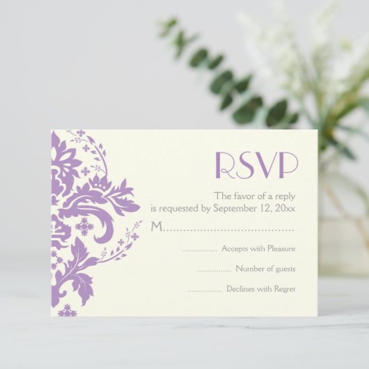 Damask lavendel grijs ivoor bruiloft RSVP antwoord (Staand voorkant)