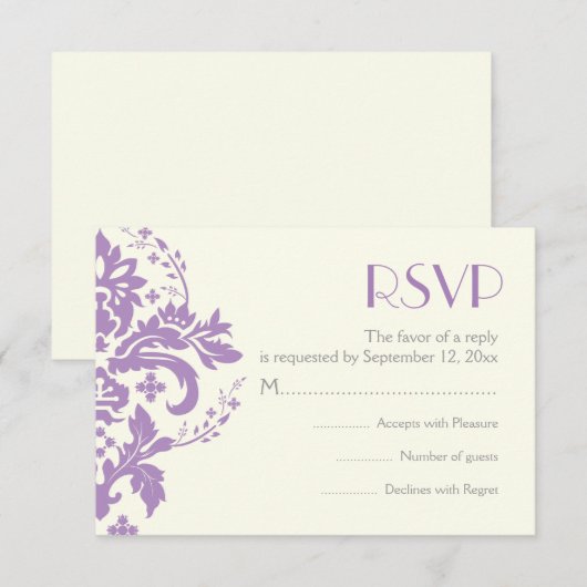 Damask lavendel grijs ivoor bruiloft RSVP antwoord (Voorkant / Achterkant)