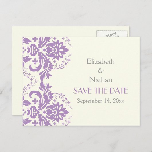 Damask lavendel, grijs, ivoren bruiloft Save the D Aankondigingskaart (Voorkant / Achterkant)