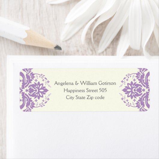 Damask lavendel paarse, ivoren bruiloft etiket (Insitu)