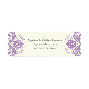 Damask lavendel paarse, ivoren bruiloft etiket