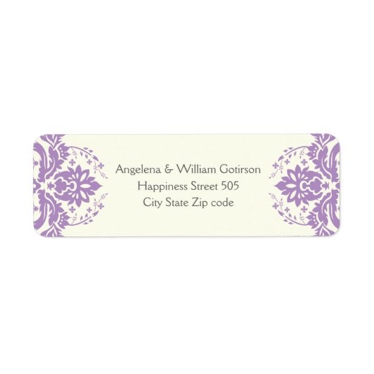 Damask lavendel paarse, ivoren bruiloft etiket (Voorkant)