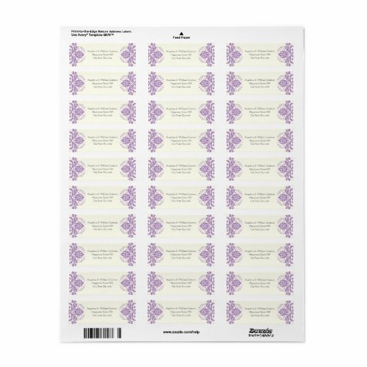 Damask lavendel paarse, ivoren bruiloft etiket (Full Sheet)