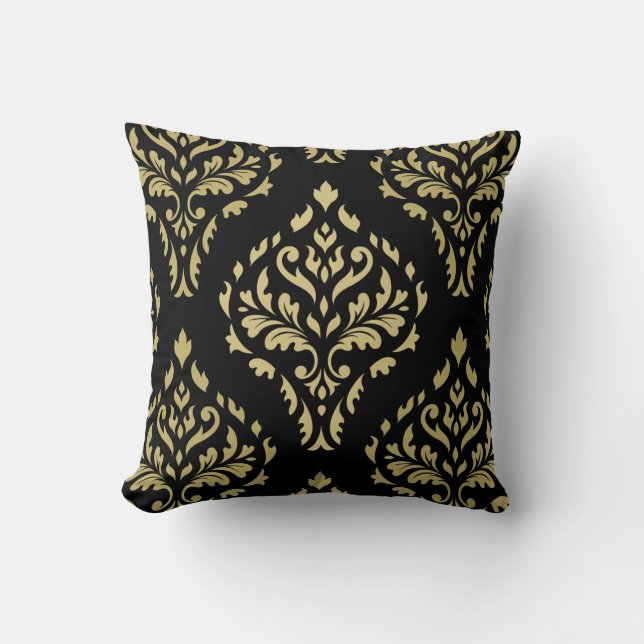 Damask Leafy Baroque Pattern Black & Golds Kussen (Voorkant)