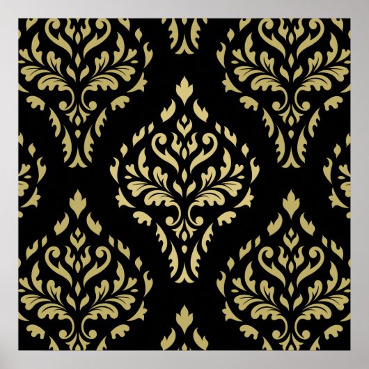 Damask Leafy Baroque Pattern Black & Golds Poster (Voorkant)