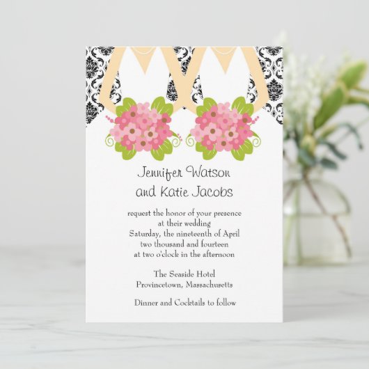 Damask Lesbian Wedding Invitation Kaart (Staand voorkant)