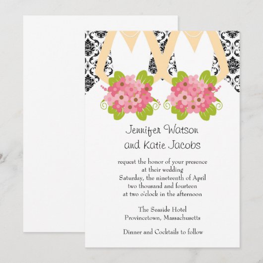 Damask Lesbian Wedding Invitation Kaart (Voorkant / Achterkant)