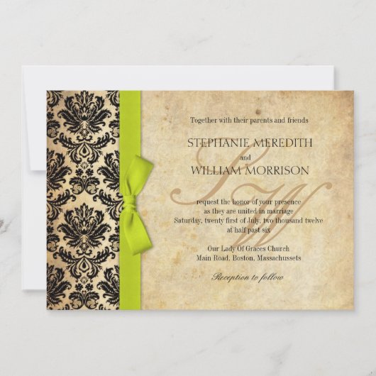 Damask  Limoen Bow Wedding Invitation Kaart (Voorkant)