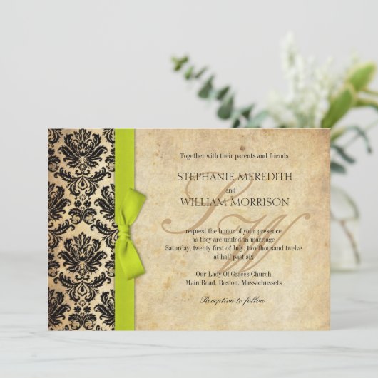 Damask  Limoen Bow Wedding Invitation Kaart (Staand voorkant)