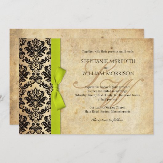 Damask  Limoen Bow Wedding Invitation Kaart (Voorkant / Achterkant)