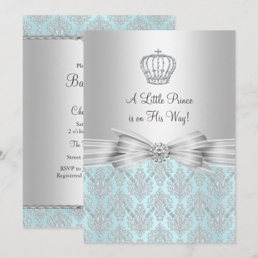 Damask Little Prince Baby shower Invitation Kaart (Voorkant / Achterkant)