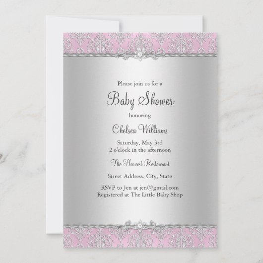 Damask Little Princess Baby shower Invitation Kaart (Achterkant)