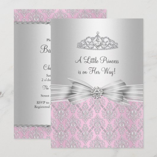 Damask Little Princess Baby shower Invitation Kaart (Voorkant / Achterkant)