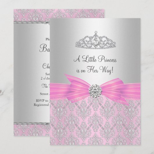 Damask Little Princess Baby shower Invitation Kaart (Voorkant / Achterkant)