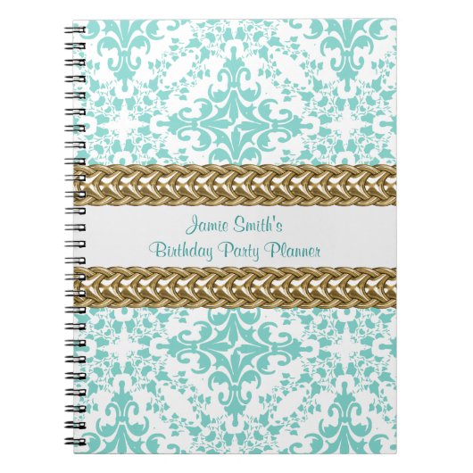 Damask Lt Blue White Gold Birthday Planner Notitieboek (Voorkant)