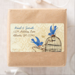  Damask Lucky Bluebird Brown Bird Cage Etiket