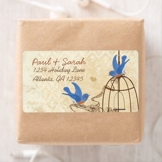  Damask Lucky Bluebird Brown Bird Cage Etiket (Insitu)
