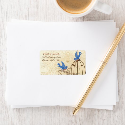  Damask Lucky Bluebird Brown Bird Cage Etiket (Insitu)
