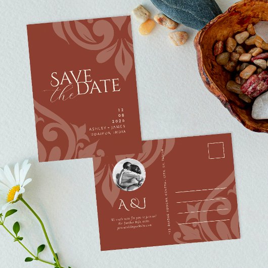 Damask Lush Sienna Fotobruiloft Sla de datum op Aankondigingskaart