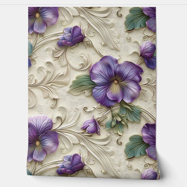 Damask luxe emboss textuur paarse altvioolbloesem behang (Afrollen)