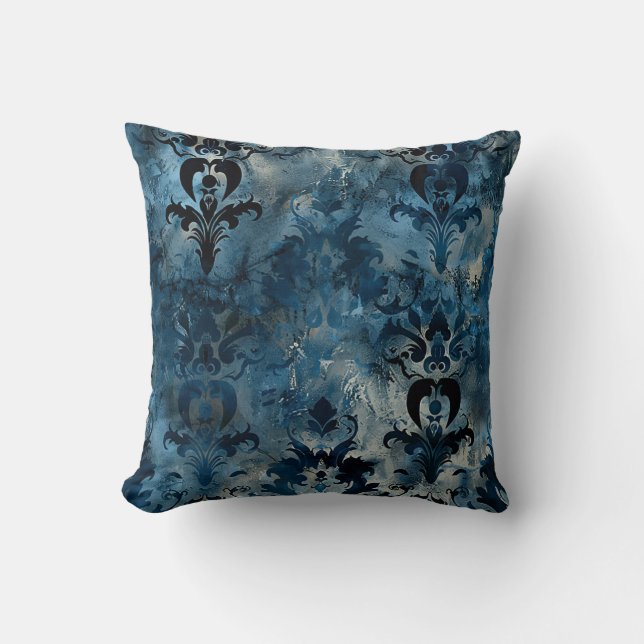 Damask luxe grunge klassieke textuur diep blauw kussen (Voorkant)
