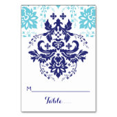 Damask marine blauw, aqua bruiloft escort plaats k kaart (Voorkant)