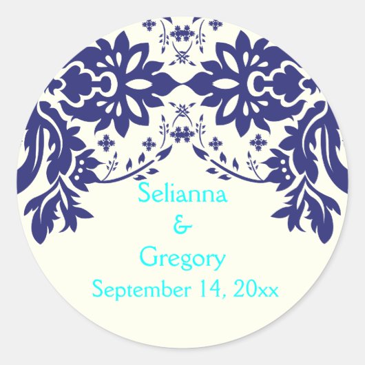 Damask marine blauw, aqua, bruiloft Save the Date Ronde Sticker (Voorkant)