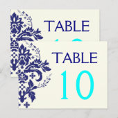 Damask marine blauw, aqua trouwtafel nummer briefkaart (Voorkant / Achterkant)