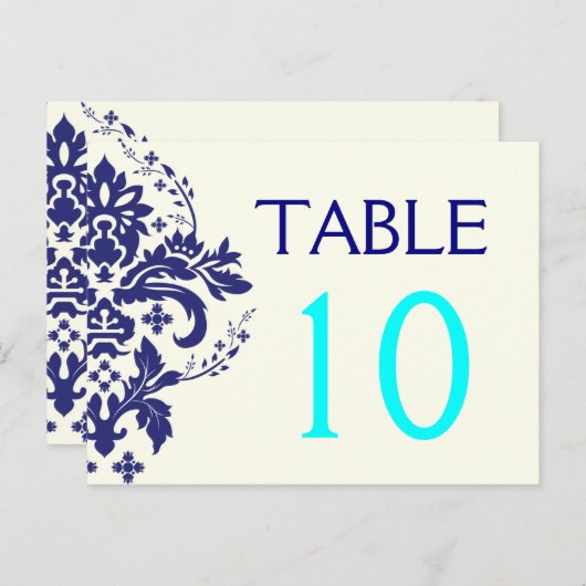 Damask marine blauw, aqua trouwtafel nummer briefkaart (Voorkant / Achterkant)
