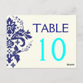 Damask marine blauw, aqua trouwtafel nummer briefkaart (Achterkant)