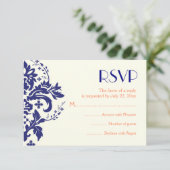 Damask marine blauw, koraal bruiloft RSVP antwoord (Staand voorkant)