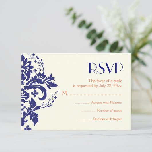 Damask marine blauw, koraal bruiloft RSVP antwoord (Staand voorkant)