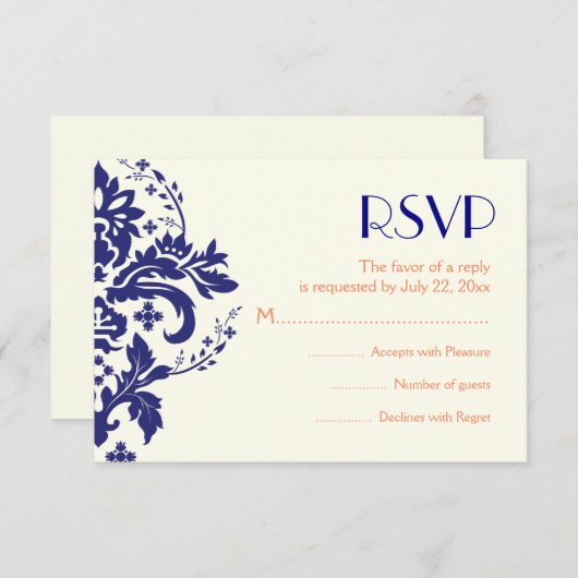 Damask marine blauw, koraal bruiloft RSVP antwoord (Voorkant / Achterkant)