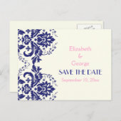 Damask marine blauw, roze bruiloft Save the Date Aankondigingskaart (Voorkant / Achterkant)