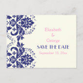 Damask marine blauw, roze bruiloft Save the Date Aankondigingskaart (Voorkant)