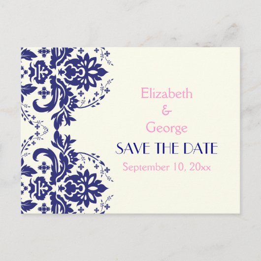 Damask marine blauw, roze bruiloft Save the Date Aankondigingskaart (Voorkant)