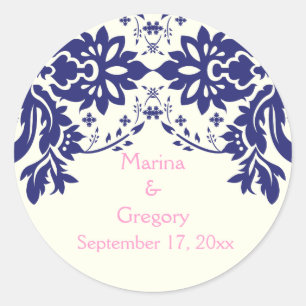 Damask marine blauw, roze, bruiloft Save the Date Ronde Sticker