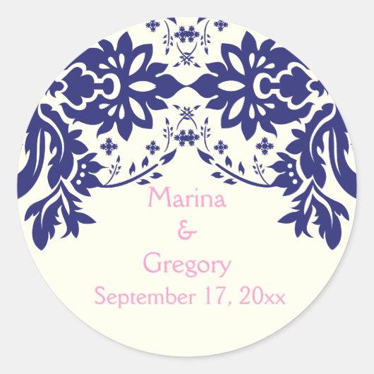 Damask marine blauw, roze, bruiloft Save the Date Ronde Sticker (Voorkant)