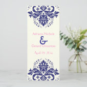 Damask marine blauw, roze huwelijksceremonie progr programmakaart (Staand voorkant)