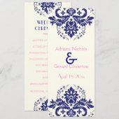 Damask marine blauw, roze huwelijksceremonie progr programmakaart (Voorkant / Achterkant)