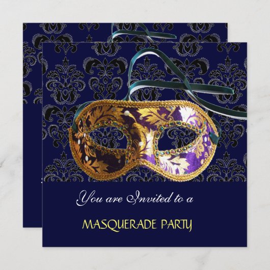 DAMASK MASKERADE FEEST  blauw Kaart (Voorkant / Achterkant)