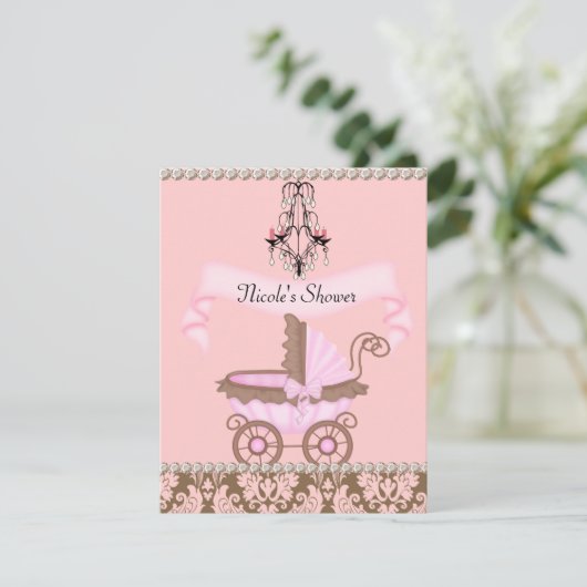 DAMASK MEISJE BABY SHOWER UITNODIGINGEN (Staand voorkant)