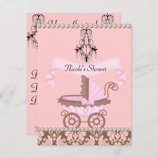 DAMASK MEISJE BABY SHOWER UITNODIGINGEN (Voorkant / Achterkant)